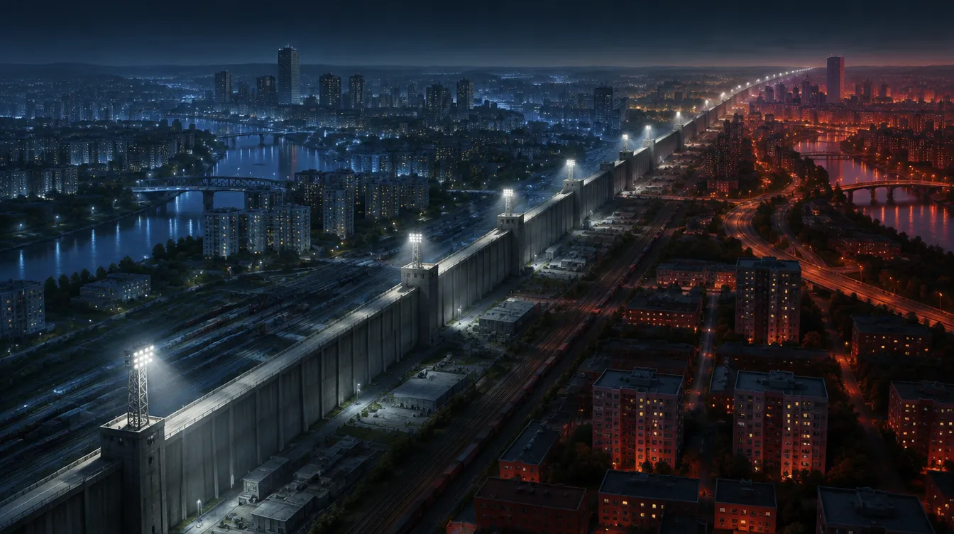 Garis gencatan Veyrline dari udara saat malam: dinding beton dan menara lampu membelah Haldmere, sisi kiri berlampu biru, sisi kanan berlampu merah bata.