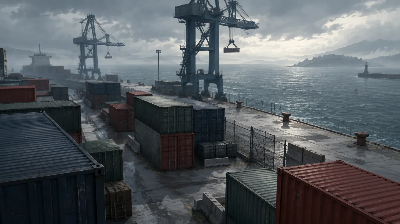 Pierhead: tumpukan kontainer, dua crane gantry, dermaga beton, dan laut kelabu.