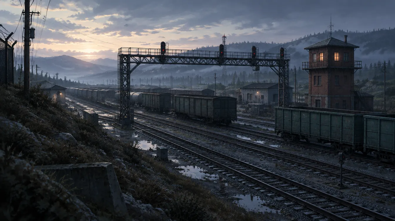 Signal Yard: deretan gerbong barang, gantry sinyal, dan menara wesel bata dengan jendela menyala saat senja.
