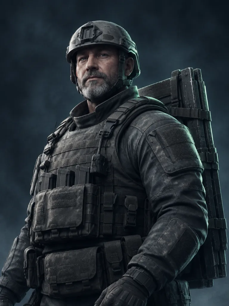 Rook, pria berjenggot abu dengan helm balistik dan plate carrier, panel baja terlipat di punggungnya.