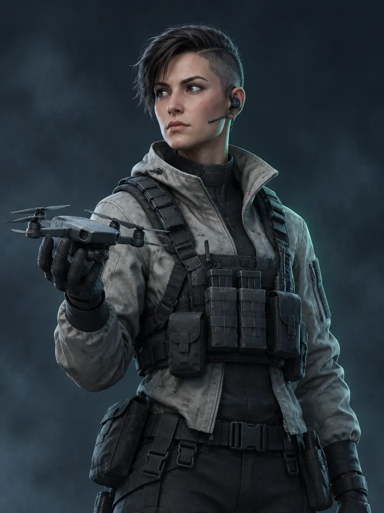 Wren, perempuan dengan potongan undercut dan headset, memegang drone quadrotor kecil di satu tangan.